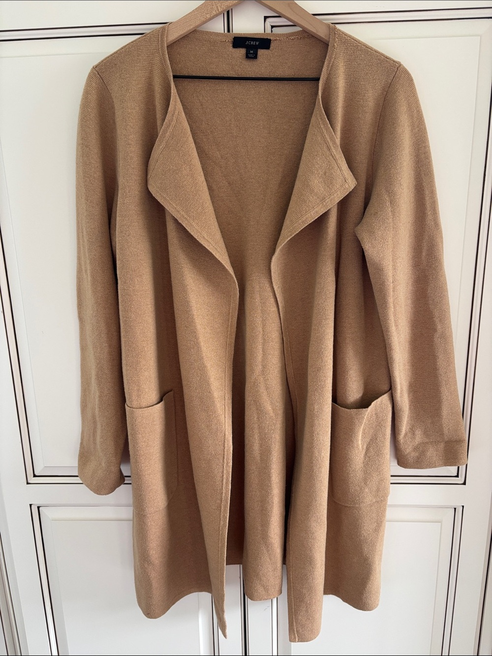 J Crew Merino Wool Cotton Open Front Long Cardigan Sweater Camel Tan Women M